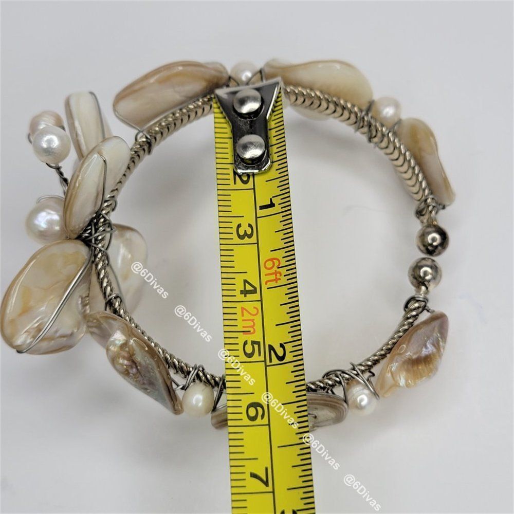 𝅺CREAM and Beige Sea Shell and Pearls Adjustable Cuff  Bracelet - Picture 7 of 10